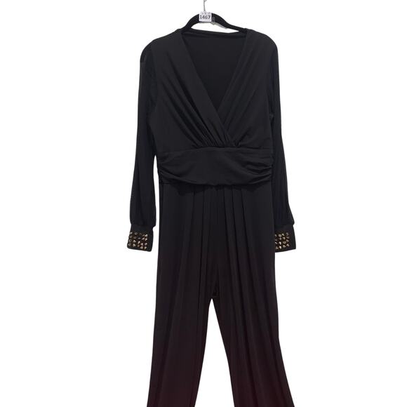Stylish Women's Black Wrap-Top Jumpsuit with Beaded Cuffs, Size L - Picture 1 of 4